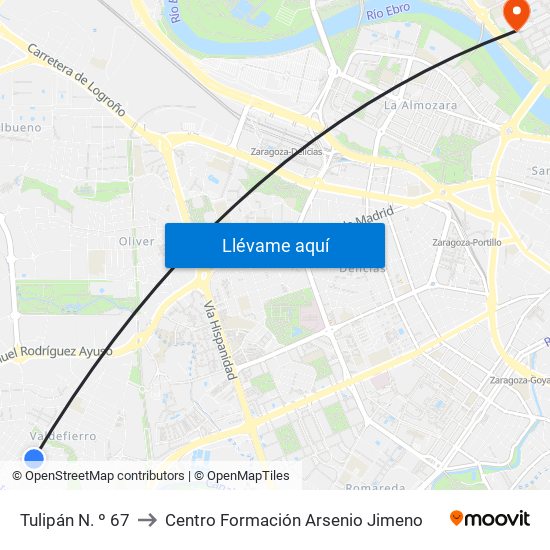 Tulipán N. º 67 to Centro Formación Arsenio Jimeno map