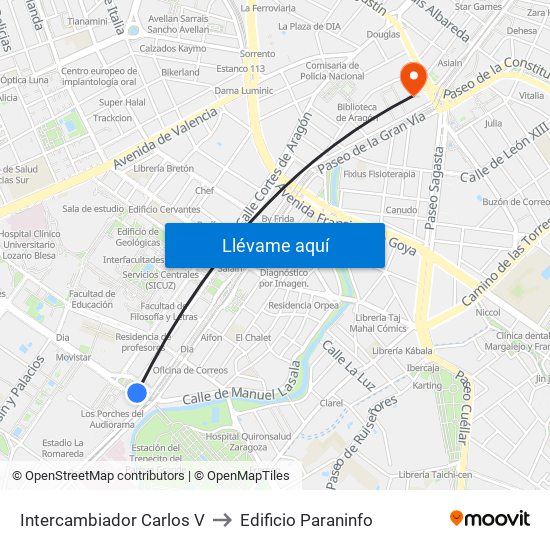 Intercambiador Carlos V to Edificio Paraninfo map