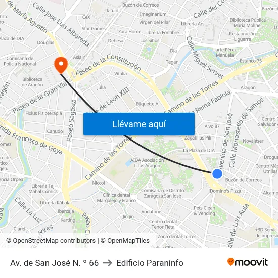 Av. de San José N. º 66 to Edificio Paraninfo map