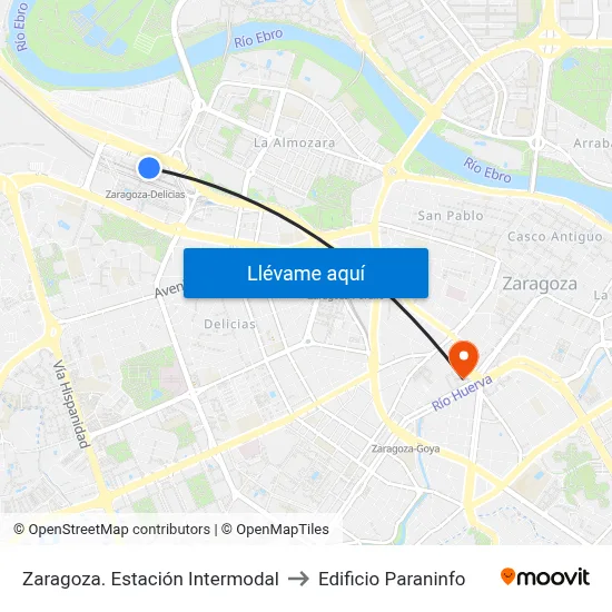 Zaragoza. Estación Intermodal to Edificio Paraninfo map