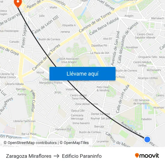 Zaragoza Miraflores to Edificio Paraninfo map