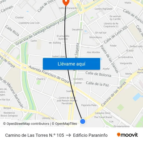 Camino de Las Torres N.º 105 to Edificio Paraninfo map