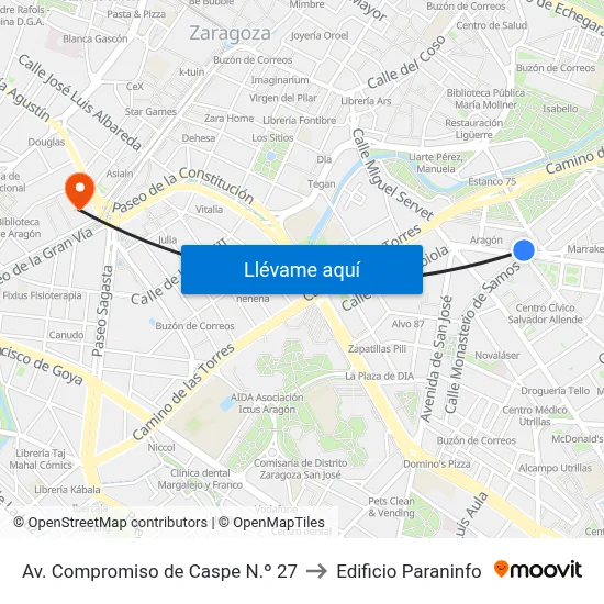 Av. Compromiso de Caspe N.º 27 to Edificio Paraninfo map