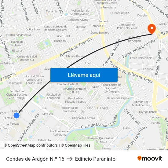 Condes de Aragón N.º 16 to Edificio Paraninfo map
