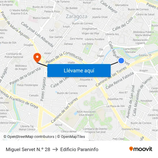 Miguel Servet N.º 28 to Edificio Paraninfo map