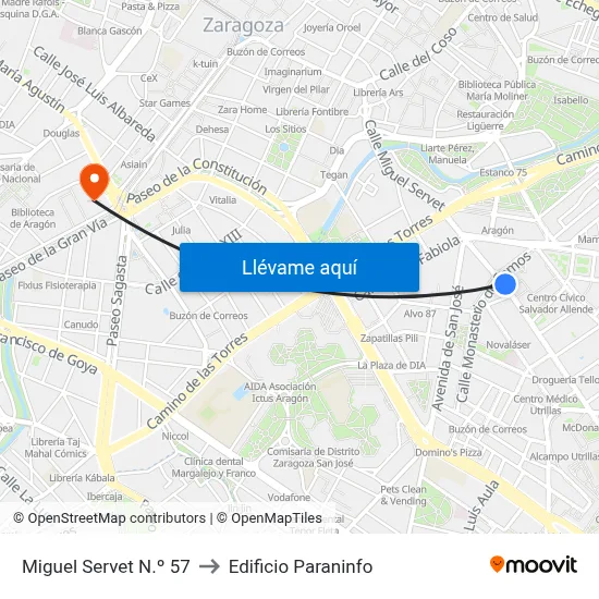 Miguel Servet N.º 57 to Edificio Paraninfo map