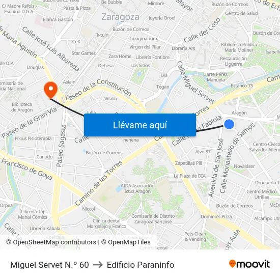 Miguel Servet N.º 60 to Edificio Paraninfo map
