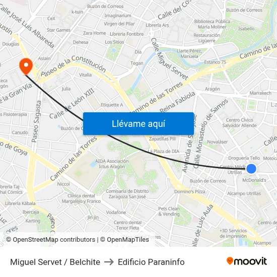 Miguel Servet / Belchite to Edificio Paraninfo map