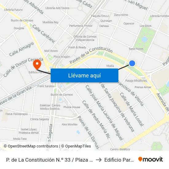 P. de La Constitución N.º 33 / Plaza de Los Sitios to Edificio Paraninfo map