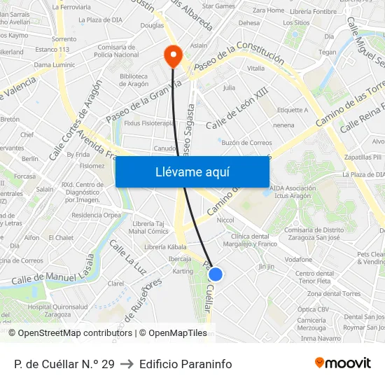 P. de Cuéllar N.º 29 to Edificio Paraninfo map