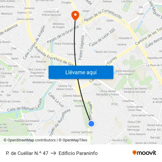 P. de Cuéllar N.º 47 to Edificio Paraninfo map