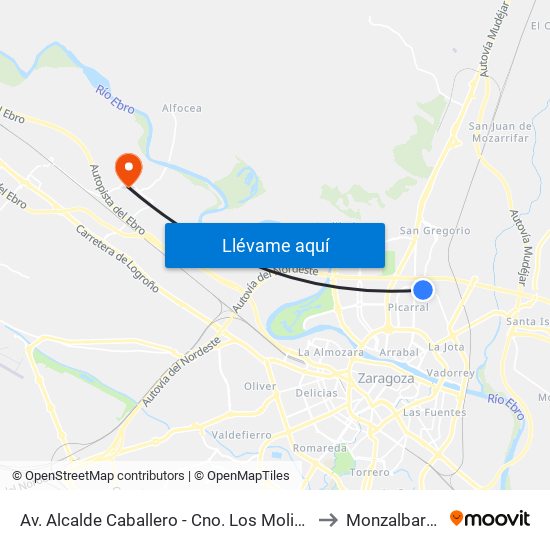 Av. Alcalde Caballero - Cno. Los Molinos to Monzalbarba map