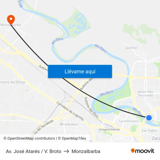 Av. José Atarés / V. Broto to Monzalbarba map