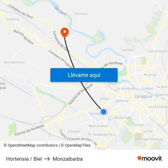 Hortensia / Biel to Monzalbarba map