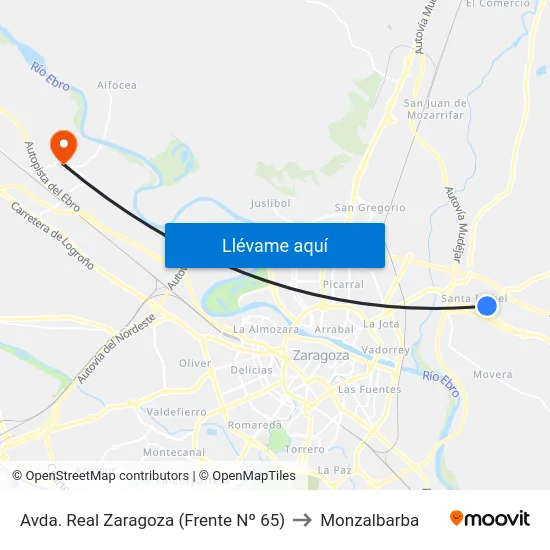 Avda. Real Zaragoza (Frente Nº 65) to Monzalbarba map