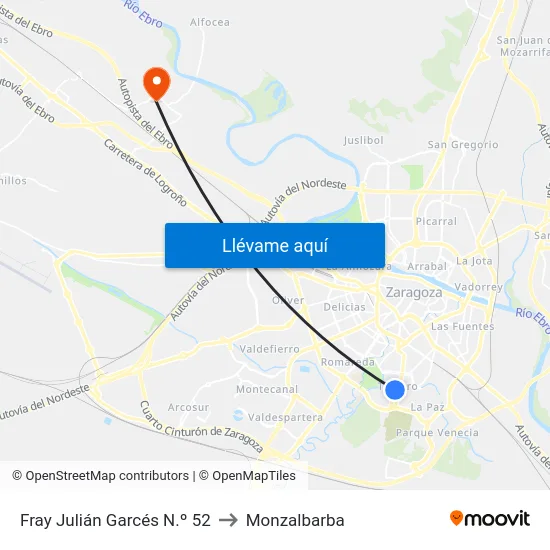 Fray Julián Garcés N.º 52 to Monzalbarba map