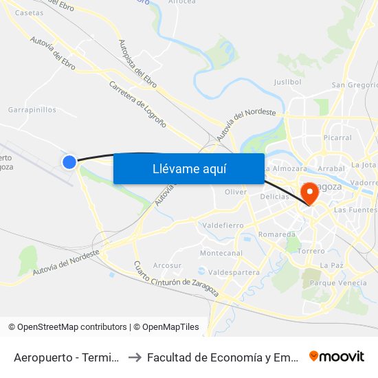 Aeropuerto - Terminal de Pasajeros to Facultad de Economía y Empresa, Campus Paraíso map