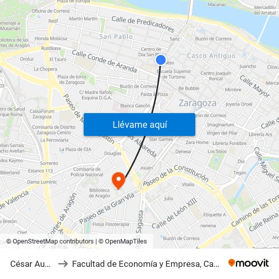 César Augusto to Facultad de Economía y Empresa, Campus Paraíso map