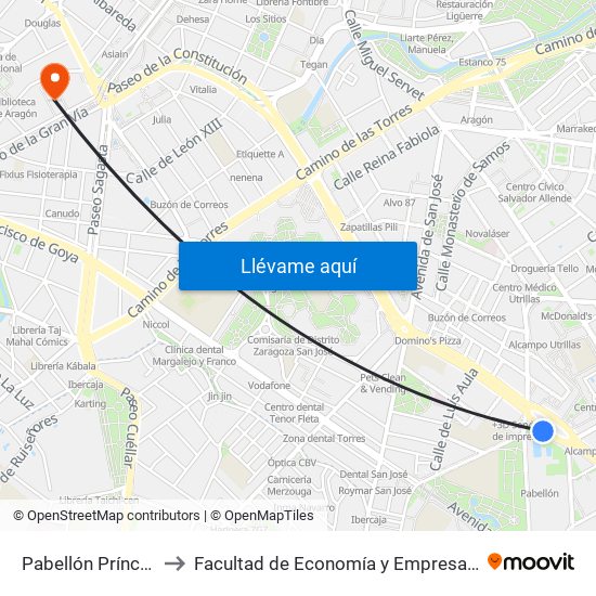 Pabellón Príncipe Felipe to Facultad de Economía y Empresa, Campus Paraíso map