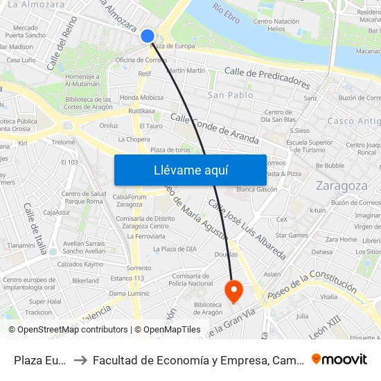 Plaza Europa to Facultad de Economía y Empresa, Campus Paraíso map