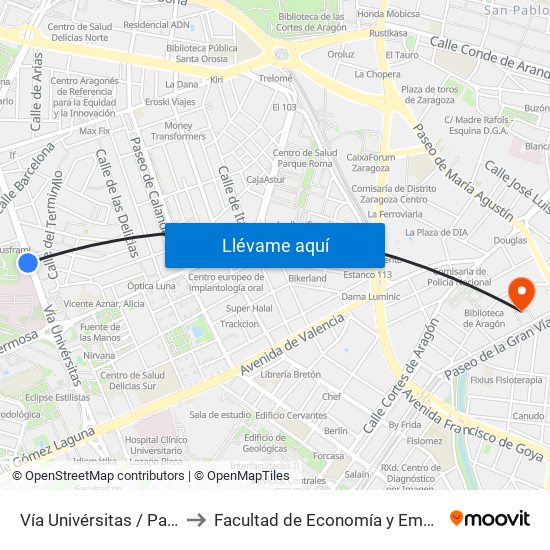 Vía Univérsitas / Parque de Delicias to Facultad de Economía y Empresa, Campus Paraíso map