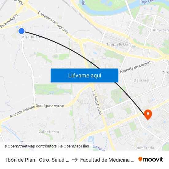 Ibón de Plan - Ctro. Salud Miralbueno to Facultad de Medicina - Edificio A map