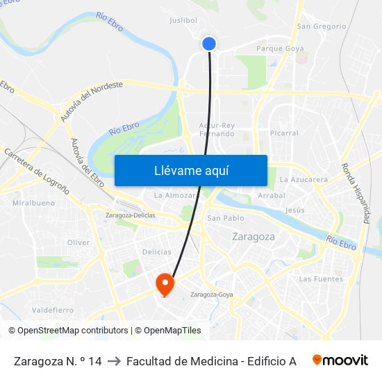 Zaragoza N. º 14 to Facultad de Medicina - Edificio A map