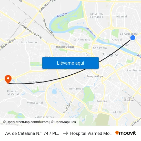 Av. de Cataluña N.º 74 / Plaza Mozart to Hospital Viamed Montecanal map