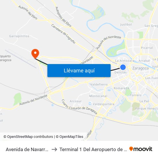 Avenida de Navarra Nº12 to Terminal 1 Del Aeropuerto de Zaragoza map