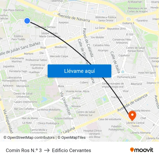 Comín Ros N.º 3 to Edificio Cervantes map