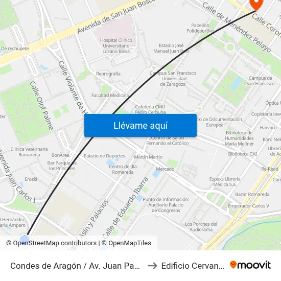 Condes de Aragón / Av. Juan Pablo II to Edificio Cervantes map