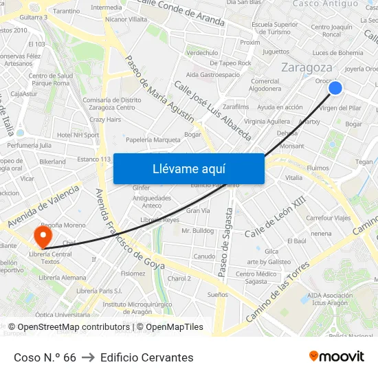 Coso N.º 66 to Edificio Cervantes map