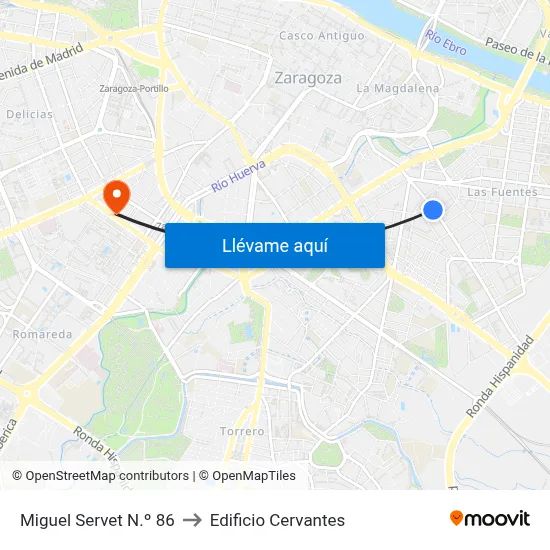 Miguel Servet N.º 86 to Edificio Cervantes map