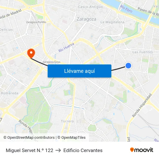 Miguel Servet N.º 122 to Edificio Cervantes map