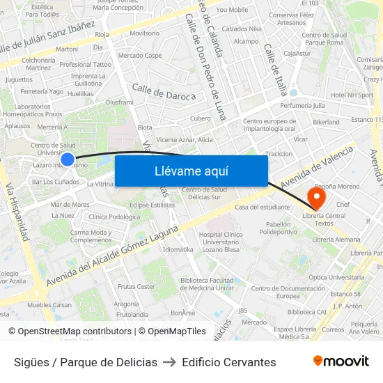 Sigües / Parque de Delicias to Edificio Cervantes map
