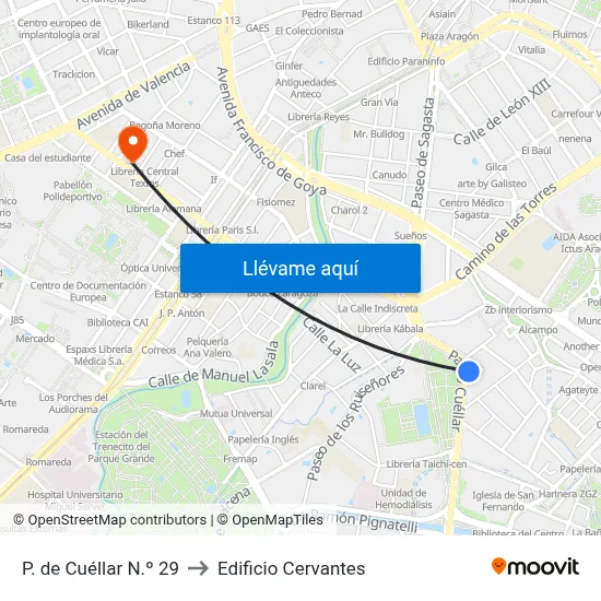 P. de Cuéllar N.º 29 to Edificio Cervantes map