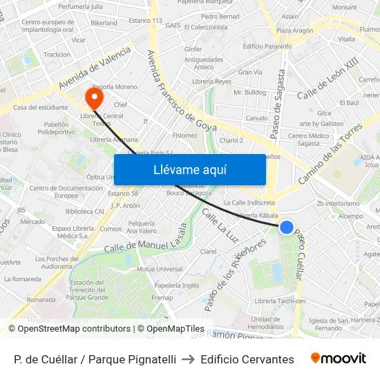 P. de Cuéllar / Parque Pignatelli to Edificio Cervantes map