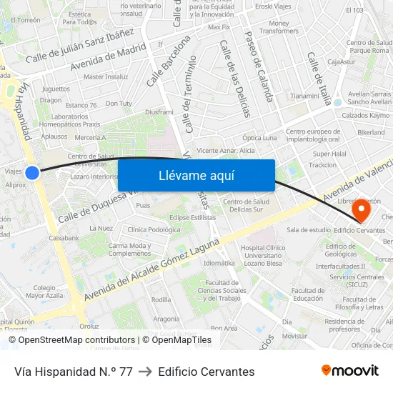 Vía Hispanidad N.º 77 to Edificio Cervantes map