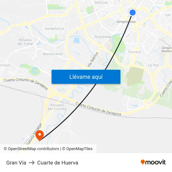 Gran Vía to Cuarte de Huerva map