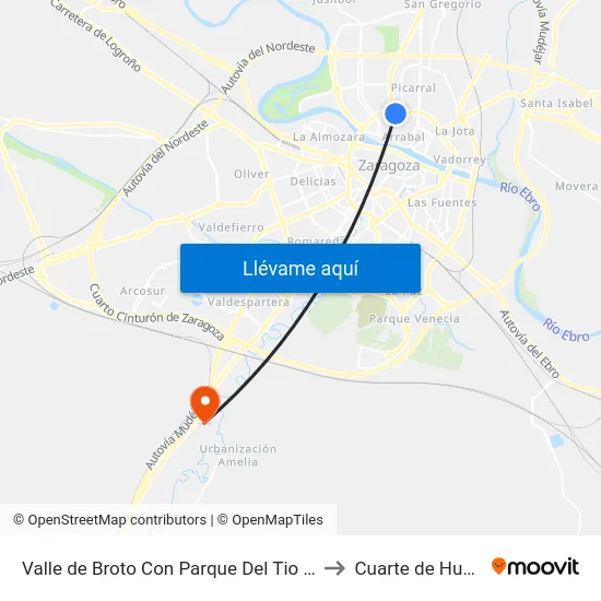 Valle de Broto Con Parque Del Tio Jorge to Cuarte de Huerva map