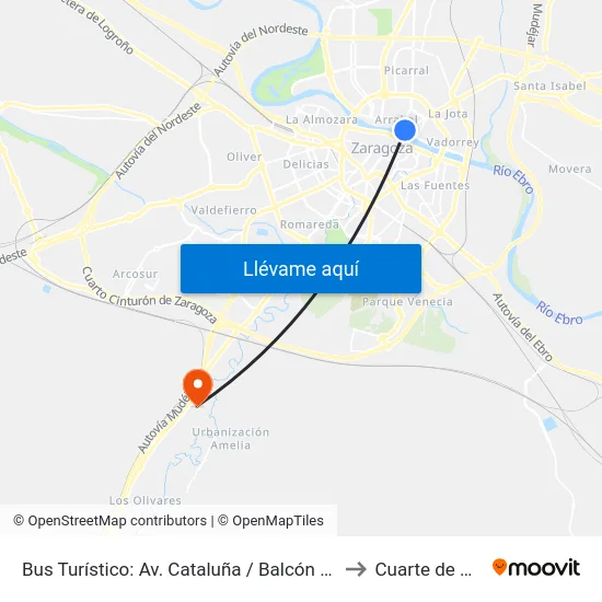 Bus Turístico: Av. Cataluña / Balcón de San Lázaro to Cuarte de Huerva map