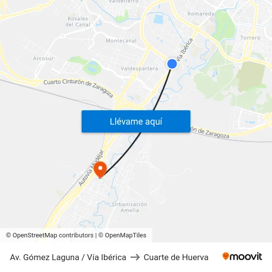 Av. Gómez Laguna / Vía Ibérica to Cuarte de Huerva map