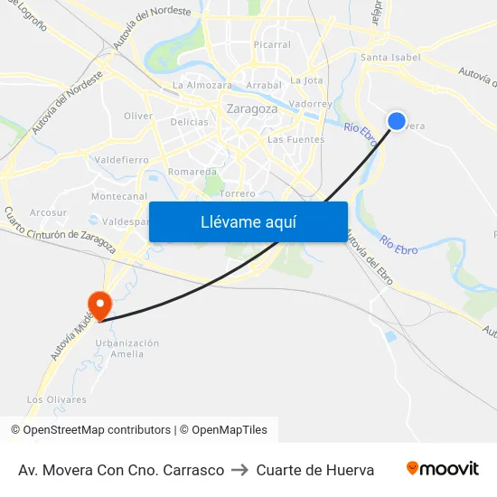 Av. Movera Con Cno. Carrasco to Cuarte de Huerva map
