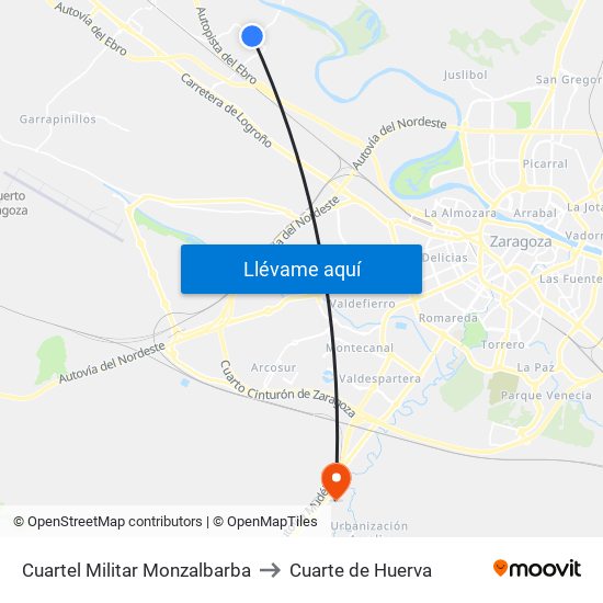 Cuartel Militar Monzalbarba to Cuarte de Huerva map