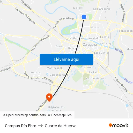 Campus Río Ebro to Cuarte de Huerva map