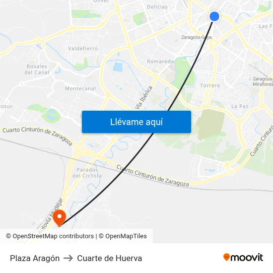 Plaza Aragón to Cuarte de Huerva map