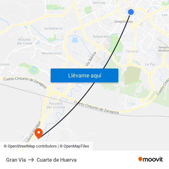 Gran Vía to Cuarte de Huerva map