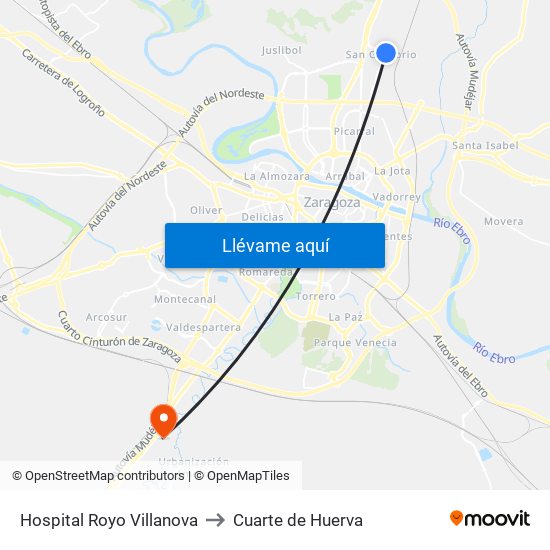 Hospital Royo Villanova to Cuarte de Huerva map