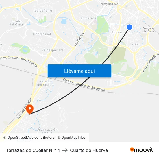 Terrazas de Cuéllar N.º 4 to Cuarte de Huerva map