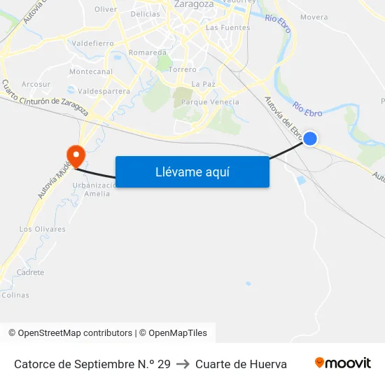 Catorce de Septiembre N.º 29 to Cuarte de Huerva map